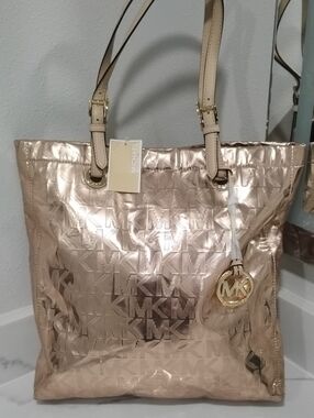 Michael Kors Metallic Rose Gold MK Logo Tote